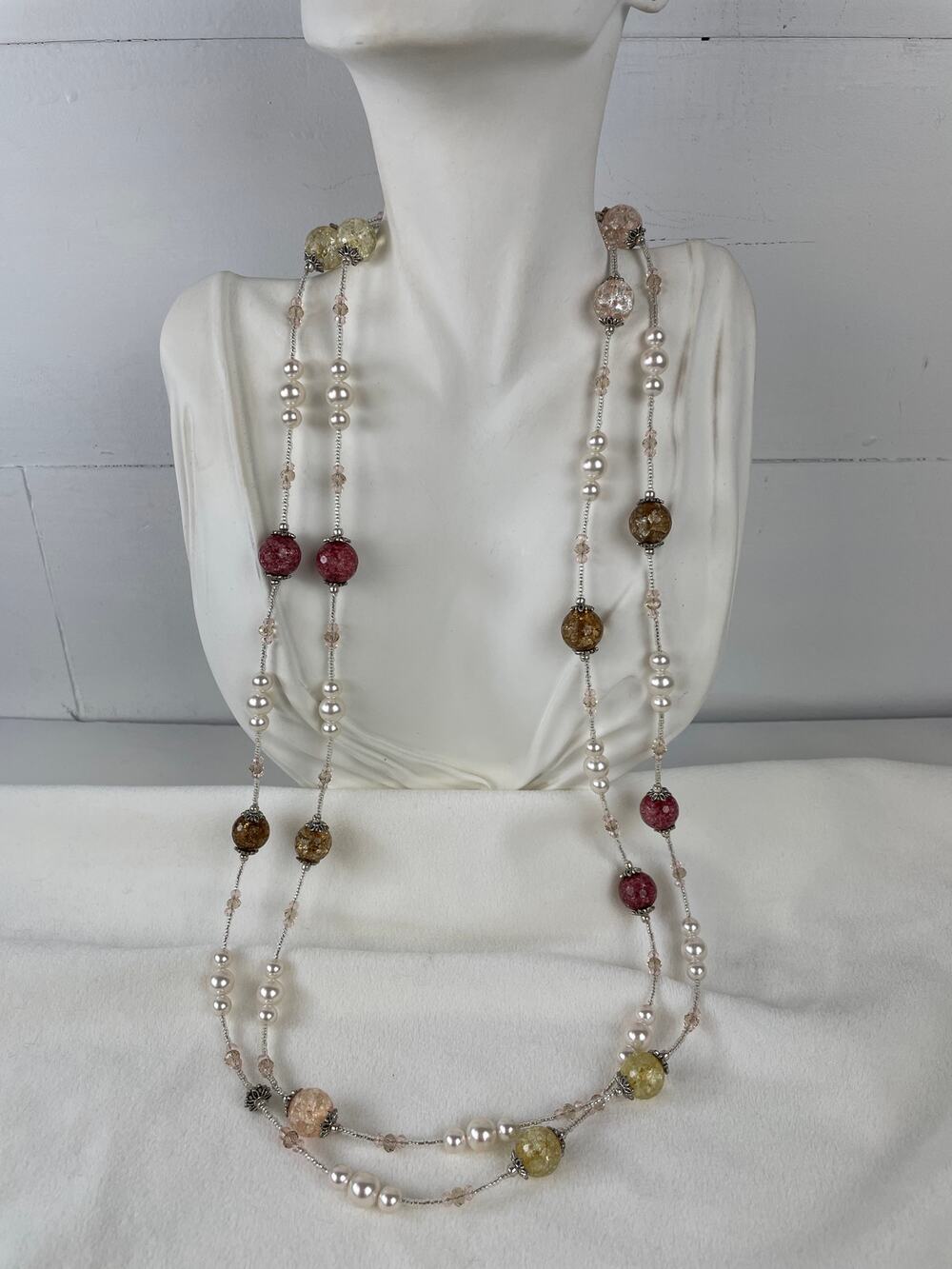 Long Layered Beaded Statement Necklace White Pearl & Earth Tone Glass Orbs
